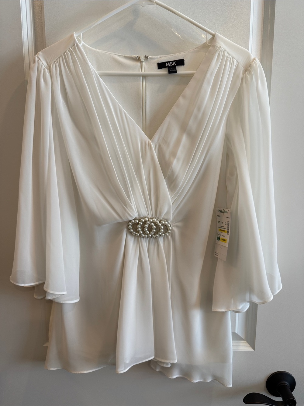 MSK White Pearl-Accented Surplice Blouse